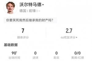 能踢中锋吗?沃尔特马德本场3射0正+1关键传球 13对抗7成功+3犯规